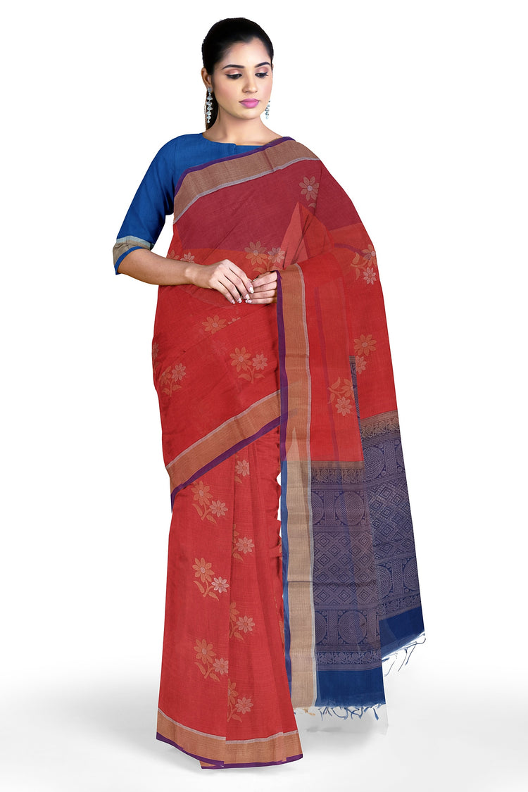 Pure Silk by Cotton Dark Pink Saree with Floral motifs and Purple Pallu