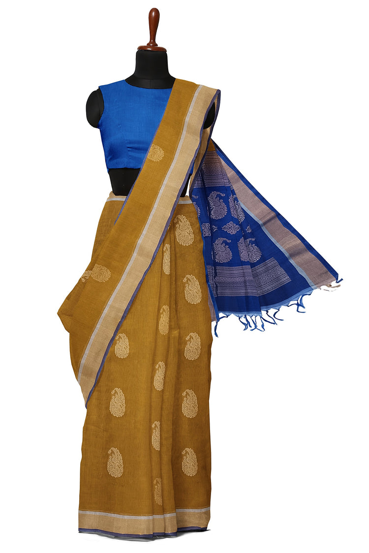 Pure Silk by Cotton Ochre Yellow Saree with Peacock Motifs and Blue Pallu