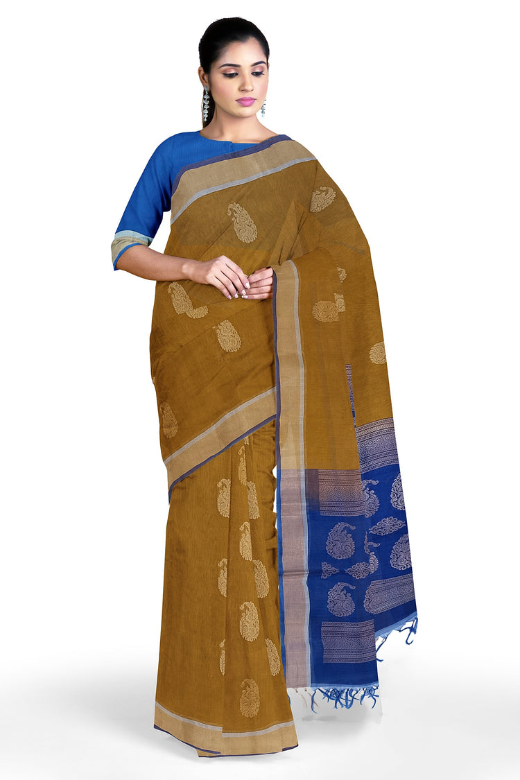 Pure Silk by Cotton Ochre Yellow Saree with Peacock Motifs and Blue Pallu